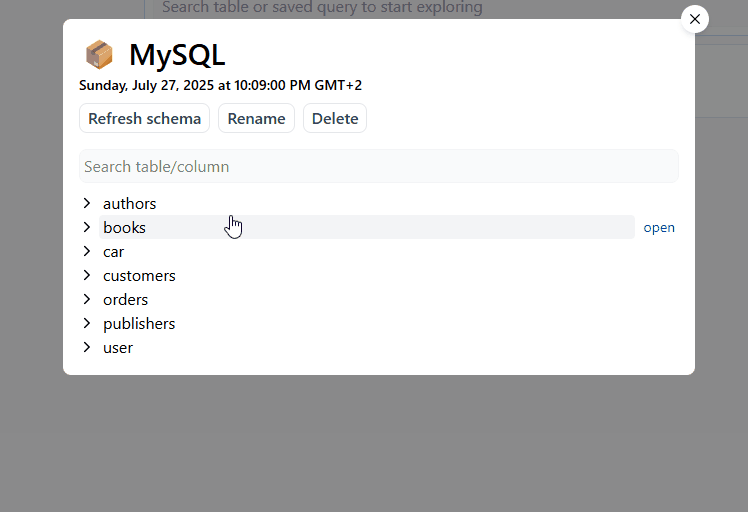 View tables, columns, types, and relationships (PKs, FKs).